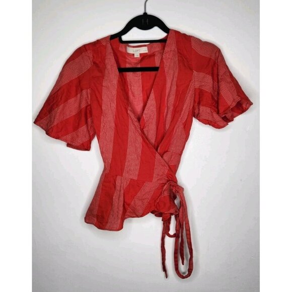 LOFT stripe Bright Red Wrapped Flare Sleeves Top Petite S - Picture 2 of 7